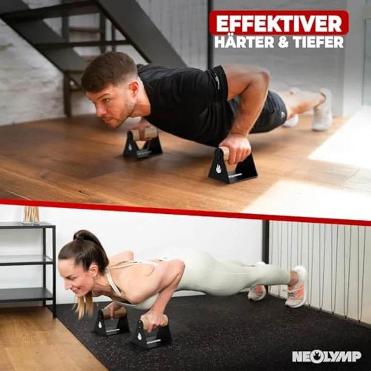 NEOLYMP 2er Set Holz Liegestützgriffe, handgefertigte Parallettes mit Stahlstandfüßen und Anti-Rutsch-Pads, handgelenkschonend für Calisthenics und Home Workout – Bild 4