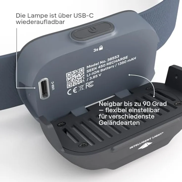 Silva Seek 450, Wiederaufladbare LED Stirnlampe mit 450 Lumen, 3 Helligkeitsstufen, Weiß & Rotlicht, IPX5 wasserfest, mit Akkustandsanzeige – Bild 2
