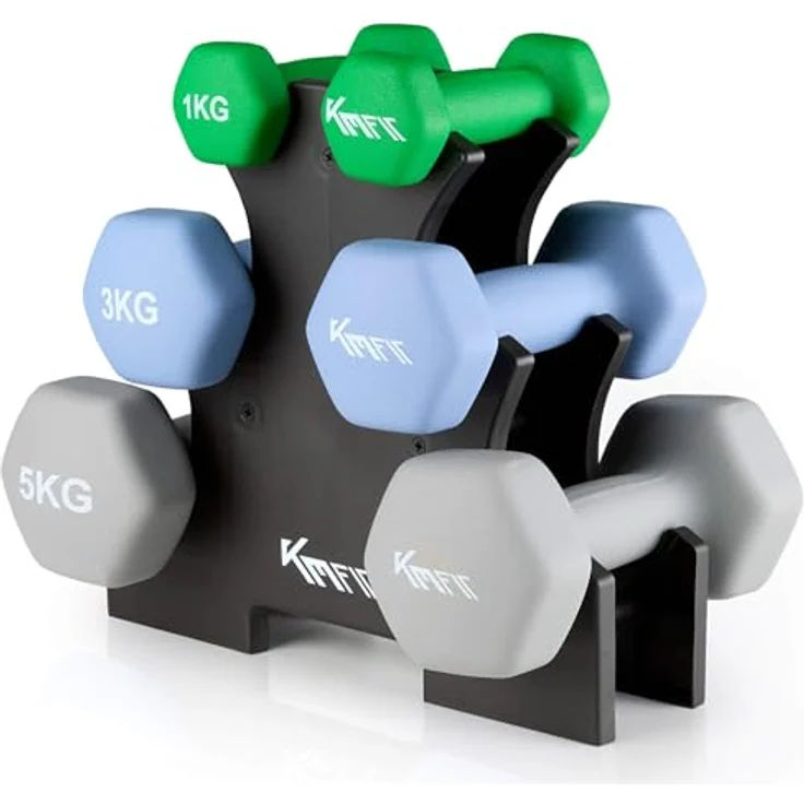 KM-Fit Hantelset 18 kg mit Ständer, Neopren Kurzhanteln 1–5 kg, ergonomischer Griff, rollsicher, robustes Gusseisen, Fitness & Krafttraining für Home Gym – Bild 1