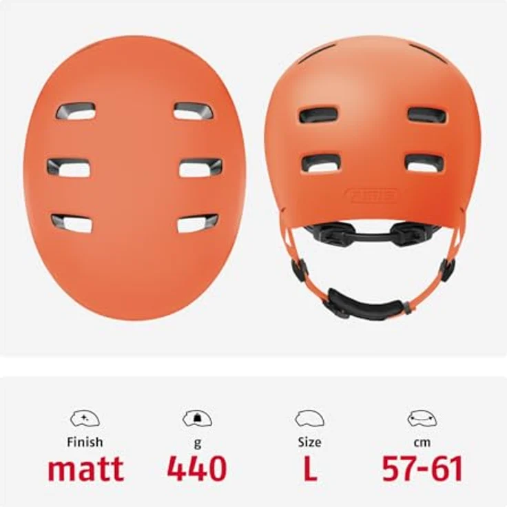 ABUS XOXO Fahrradhelm, Skater-Look mit optimiertem Kinnpolster, Größe L, mono orange für Skateboard, Fahrrad, Scooter – Bild 3