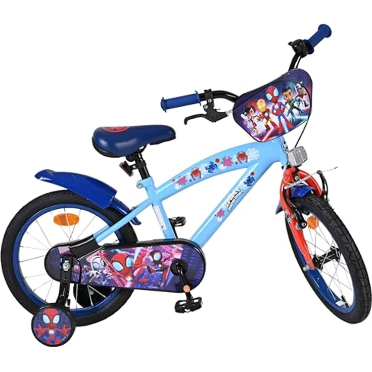 Volare Spidey Kinderfahrrad, 16 Zoll, blau, mit Hand- und Rücktrittbremse, höhenverstellbar, abnehmbare Stützräder – Bild 1