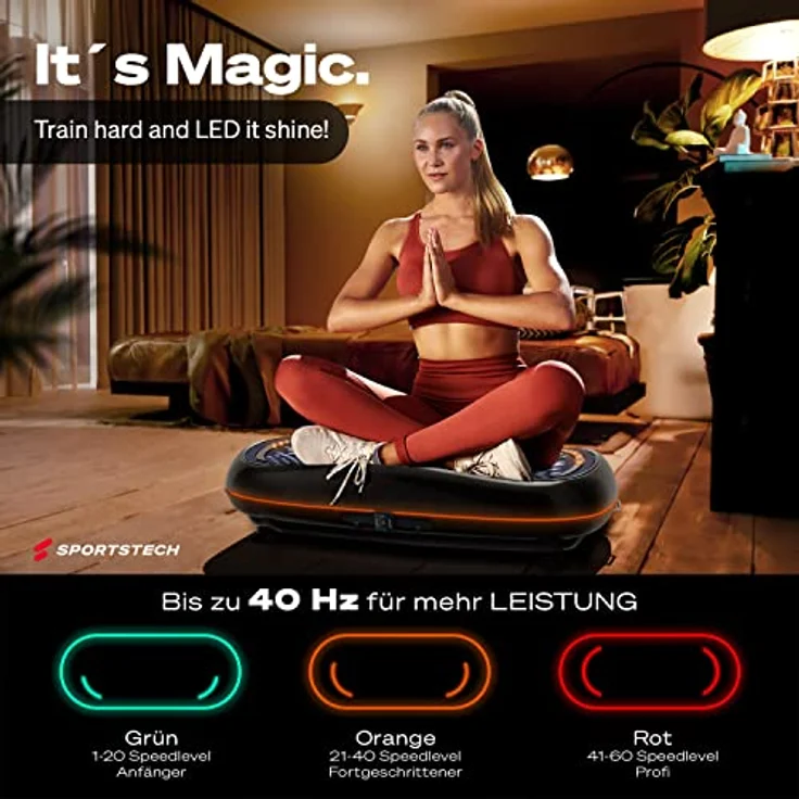 Sportstech 4D Premium Vibrationsplatte | Smart LED I 3 leise Motoren INext-Level Training mit Workout Sitz, Liegestützgriffe etc I Color Touch Display + Bluetooth I Fitness & Yoga für Zuhause |VP500 – Bild 5