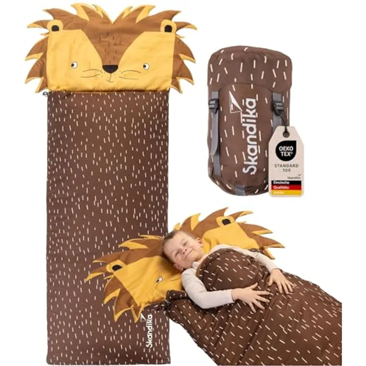 SKANDIKA Kinderschlafsack Soti, Camping Schlafsack für Kinder bis 150 cm, buntes Design Löwe, Baumwolle, maschinenwaschbar, Komfort-Temperaturen 13 °C bis 3 °C