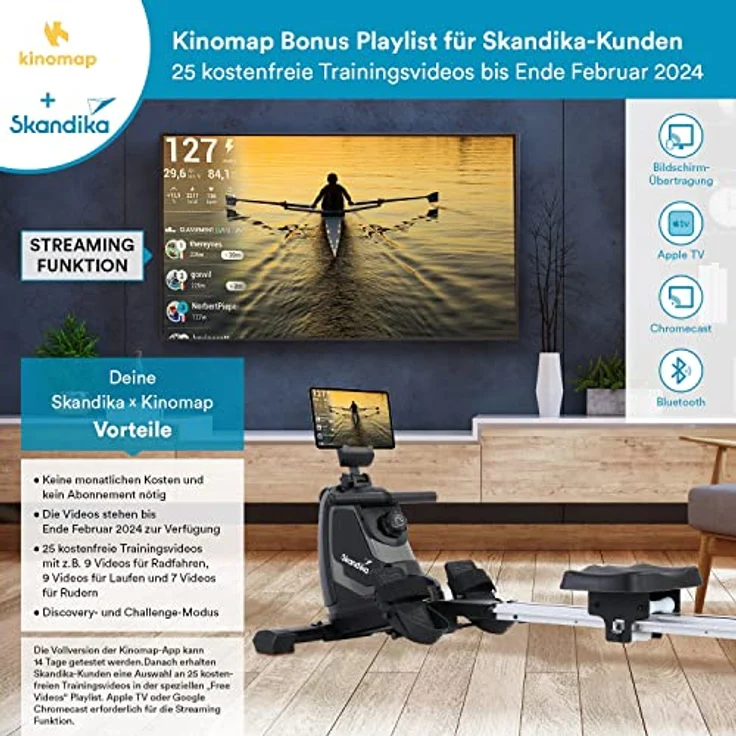 Skandika Rudergerät Venn, Ruderergometer, Tablet-Halterung, Rower mit Multifunktionscomputer, 8 Stufen Widerstandsverstellung, wartungsarm (grau) – Bild 2