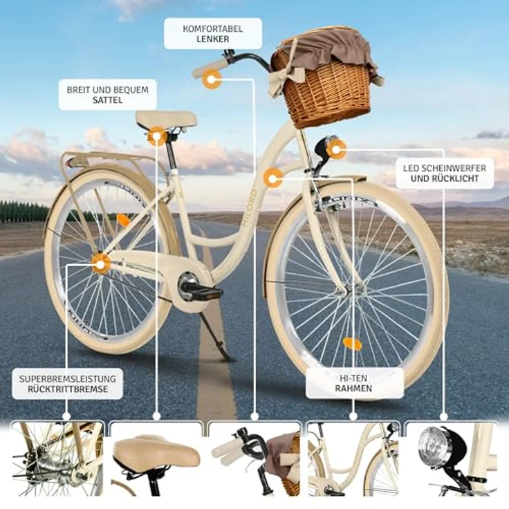 Milordbikes City-Fahrrad, Creme, 46 cm, leichtes Metall, Freizeit- und Sportfahrrad mit Aluminiumfelgen und hinterem Trägersystem – Bild 2