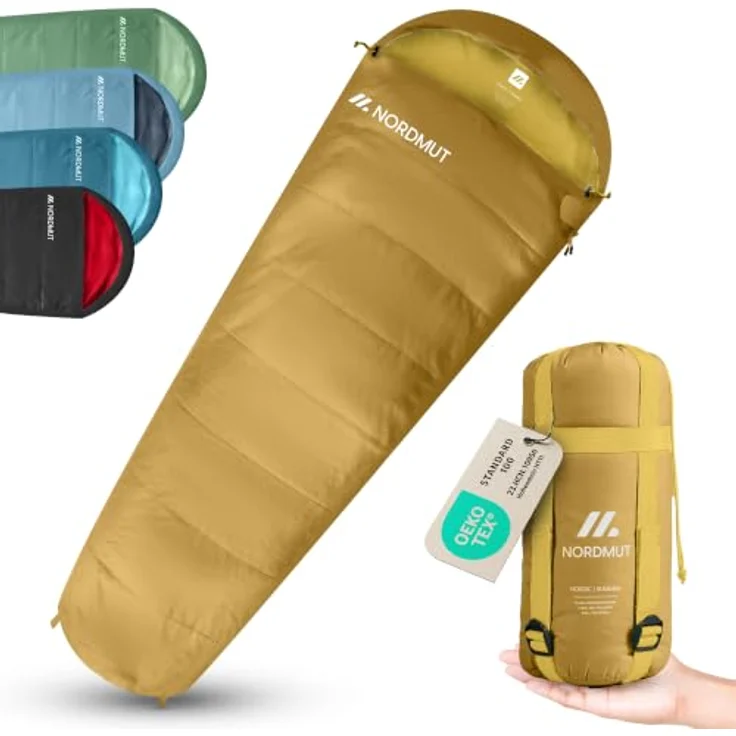 NORDMUT® Schlafsack Erwachsene, Mumienschlafsack ultraleicht (900/1500g), 3-Jahreszeiten (250 GSM) & Sommerschlafsack (100 GSM) für Camping, Outdoor & Festivals, kompaktes Packmaß 25 x 40 cm – Bild 1