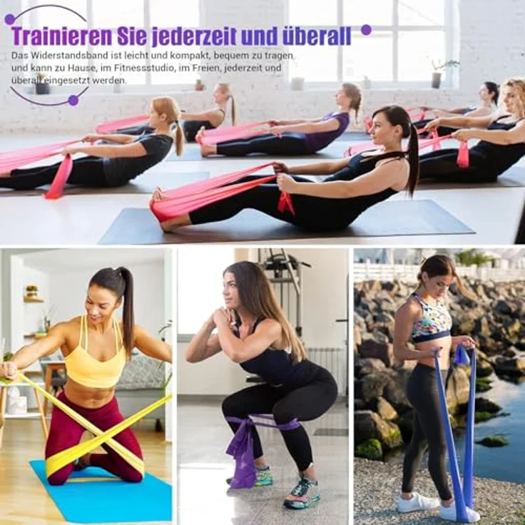 COFOF Fitnessbänder 4er-Set, 1,8m Gymnastikband mit 4 Widerstandsstufen, Tragetasche & Übungsanleitung, ideal für Yoga und Pilates (Lila, Gelb, Rot, Blau) – Bild 5