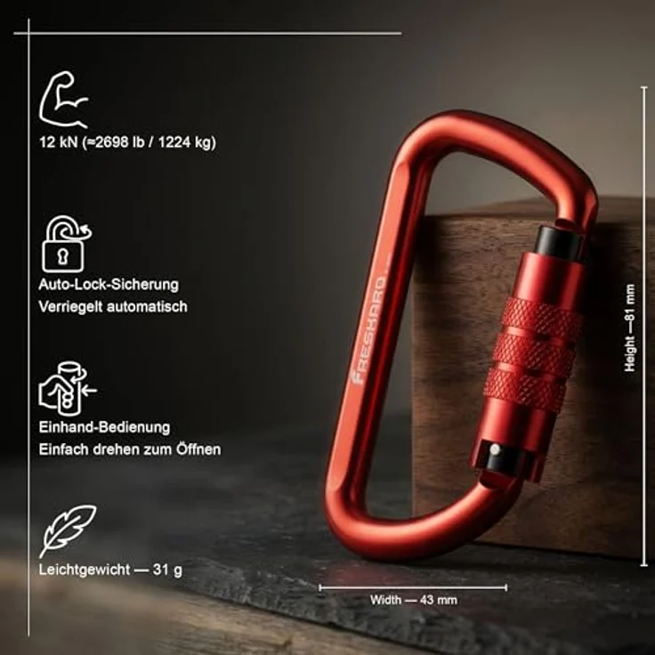 FresKaro 3inch Auto-Lock Aluminium Karabiner mit Twist Lock, Gewichtsklasse 1224kg, für Hängematten, Yoga Swing, Camping und Schlüsselbund, rot – Bild 2