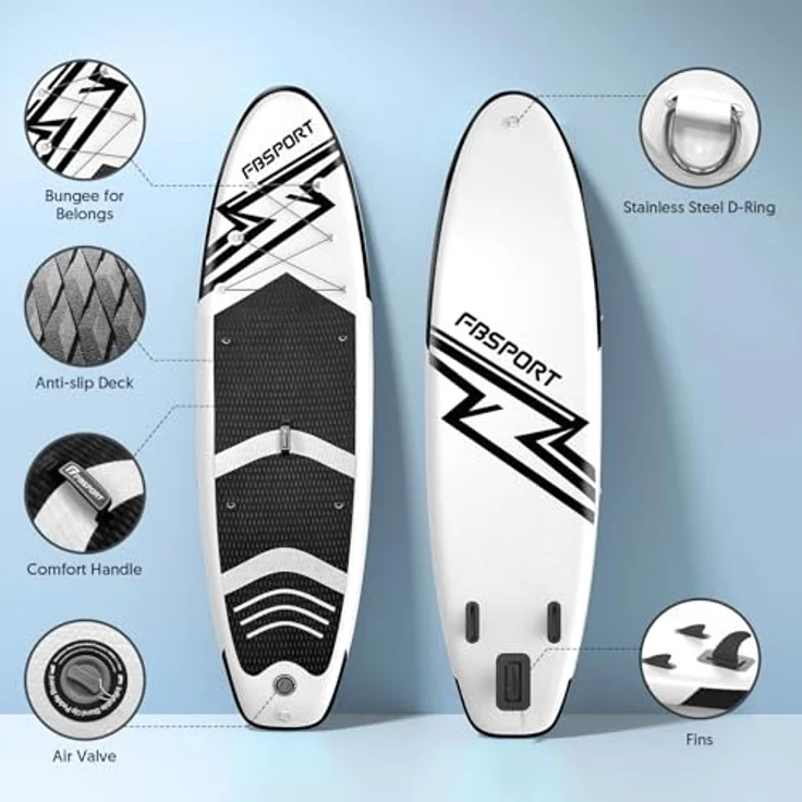 FBSPORT Aufblasbares SUP Board, Stand Up Paddling Board 15CM Dick, inkl. verstellbarem Aluminium Paddel und Pumpe, Schwarz-Weiß – Bild 3