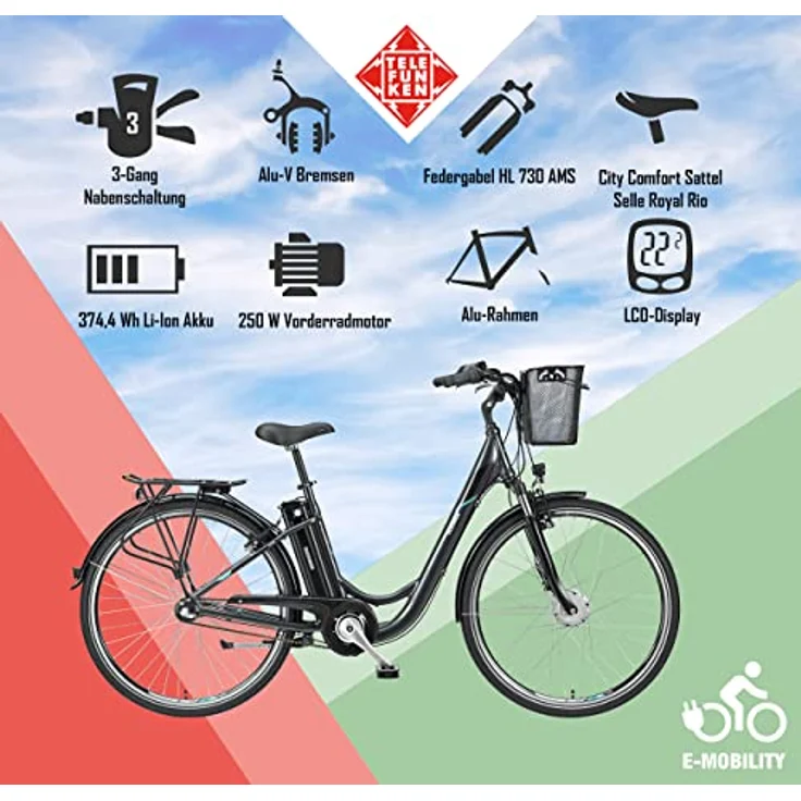 TELEFUNKEN E-Bike Damen 28 Zoll Elektrofahrrad - 3-Gang Shimano Nabenschaltung mit Rücktritt, Pedelec Citybike Alu mit Fahrradkorb, Frontmotor 250W /10,4Ah / 36V Sitzrohrakku, RC830 Multitalent, silber – Bild 5