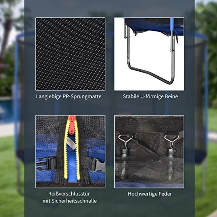 HOMCOM Trampolin mit Sicherheitsnetz Gartentrampolin für Innen- und Außenbereich Fitnesstrampolin für Kinder und Erwachsene Stahl Blau+Schwarz bis 113,6 kg Ø305 x 248H cm – Bild 6