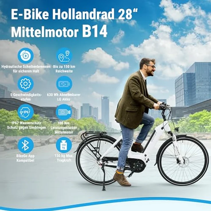 AsVIVA E-Bike B14 Stadtfalter, 28 Zoll Citybike für Damen & Herren, Pedelec 25 km/h, 250W Motor, 36V 17.5 Ah, bis zu 150 km Reichweite, Tiefeinsteiger, hydraulische Scheibenbremsen – Bild 2