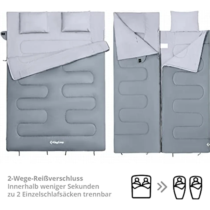 KingCamp Deckenschlafsack Oxygen 250 D, Doppel-Schlafsack für 2 Personen, XL, -3°C, mit Kissen und Innentasche, Medium Grey – Bild 3