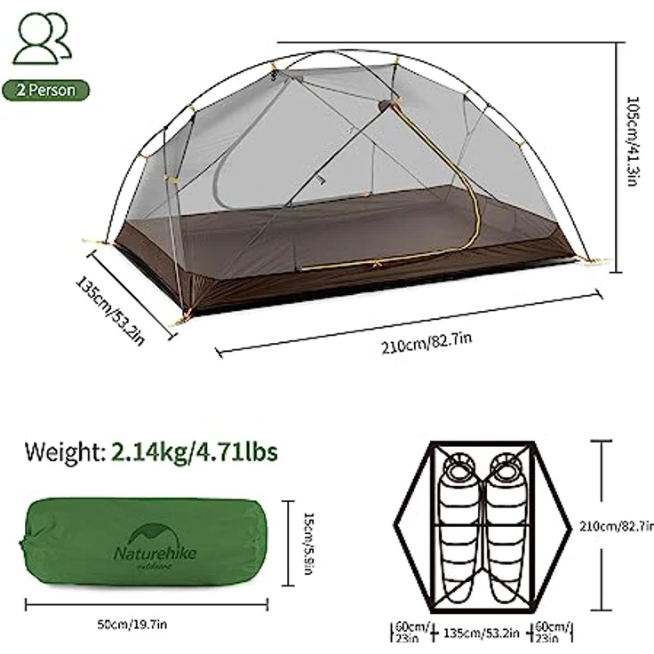 Naturehike Mongar Zelt, Ultraleichtes Doppelzelt für 2 Personen, wasserdichtes 3-Jahreszeiten Zelt in 210T Waldgrün, einfach zu montieren, tragbar, ideal für Rucksackreisen und Camping – Bild 2