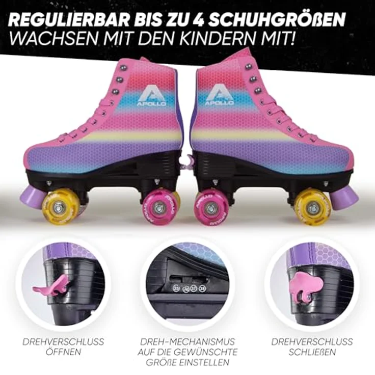Apollo Rollschuhe Retro Discoroller, verstellbare Disco Roller Skates, größenverstellbar Rollerskates, Retro Design in schwarz – Bild 3
