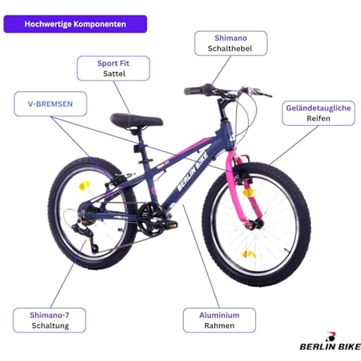 BERLIN BIKE Kinderfahrrad Grizz 20 Zoll MTB, Aluminiumrahmen, 7-Gang Shimano-Schaltung, ideal für 6–9 Jahre, Jungen und Mädchen – Bild 4