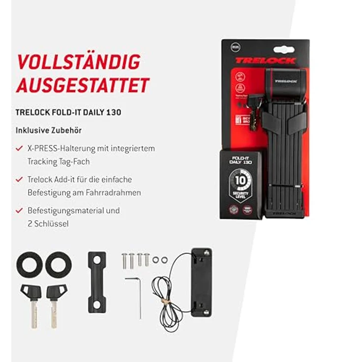 Trelock Fold-it Daily, Faltschloss 130 cm mit X-Press-Halterung und Tracking Tag Fach, Sicherheitsstufe 10, für alle Rahmen – Bild 2