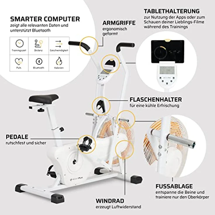 SportPlus Profi Air Bike mit Luftwiderstand, Heimtrainer für Zuhause, App kompatibel, Heimtrainer für HIIT, Smarter Trainingscomputer, bis 135 kg belastbar, weiß – Bild 4