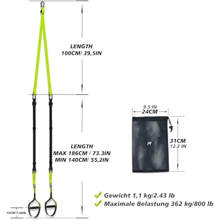 RHINOSPORT Schlingentrainer Sling Trainer Set mit Türanker Einstellbar Fitness Zuhause Suspension - geeignet für unterwegs und für das Training im Innen- und Außenbereich – Bild 3