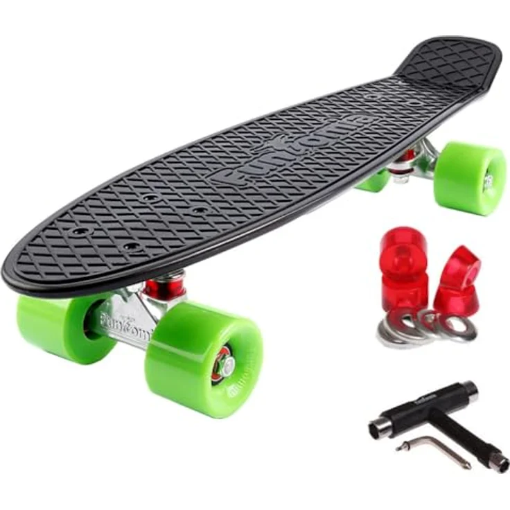 FunTomia 57cm Mini-Board Skateboard, mit oder ohne LED Leuchtrollen, Aluminium Truck, ABEC-9 Kugellager, schwarz – Bild 1