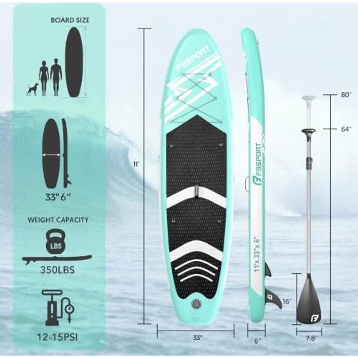FBSPORT Aufblasbares SUP Board, 15CM dickes Stand Up Paddling Board mit verstellbarem Aluminium Paddel und Pumpe, grün – Bild 3