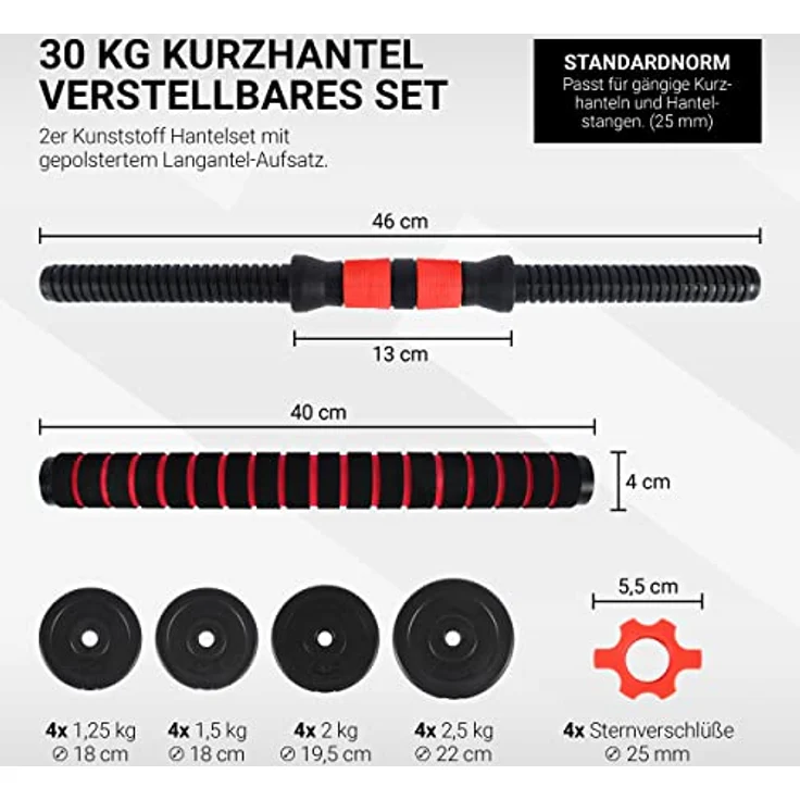 MSPORTS Hantelset Premium 2in1 - Kurzhanteln + Langhanteln verstellbar 20, 30 oder 40 kg - Hanteln Set Dumbbell mit Verbindungsstahlrohr und Gewichten (30 kg) – Bild 2