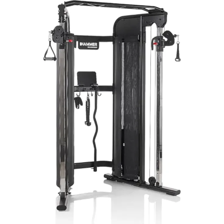 HAMMER Kraftstation Autark 8.0, kompakte Fitnessstation mit Doppel-Seilzugsystem, 2 x 80 kg Gewichtsblöcken, Multigriff-Klimmzugstange, platzsparendes Design für Home Gym