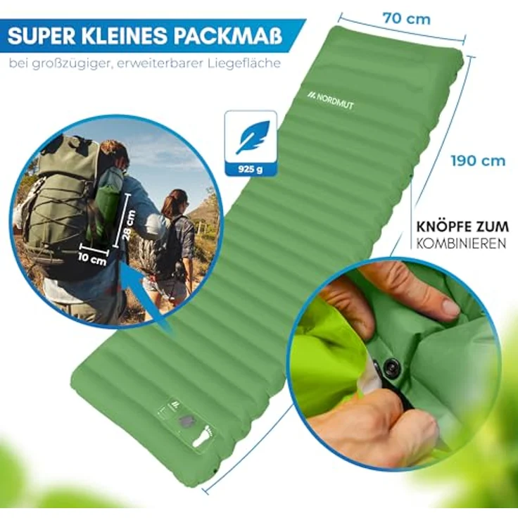 NORDMUT® Isomatte 10 cm, Schnellaufblasend mit integrierter Fußpumpe, Kompakt und Ultra komfortabel für Camping, 40D Ripstop Nylon, Wetterbeständig – Bild 5