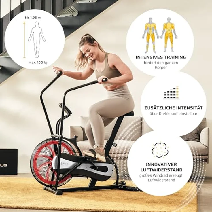 SportPlus Air Bike mit Luftwiderstand und Riemenbremssystem - effizienter HIIT Heimtrainer für Arme und Beine, mit Trainingscomputer, sicher & stabil bis 100kg, kompakte Maße, SP-FB-1000 – Bild 3