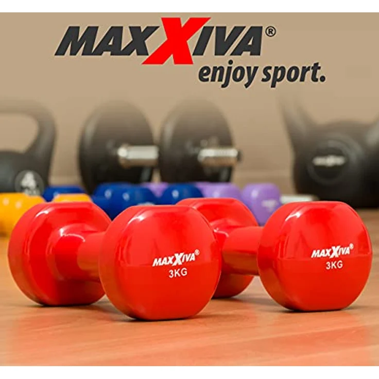 MAXXIVA Hantelset Kurzhanteln Vinyl Stahlkern Fausthanteln Gymnastikhanteln Sport Krafttraining Fitness Gewicht Farbe wählbar (rot (2 x 3 kg)) – Bild 5