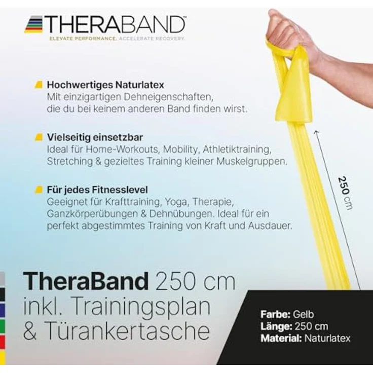 ARTZT TheraBand 2,50m gelb inkl. Türanker & Tasche, Widerstand 1,3kg, 100% Naturlatex für Heimtraining und Therapie – Bild 2