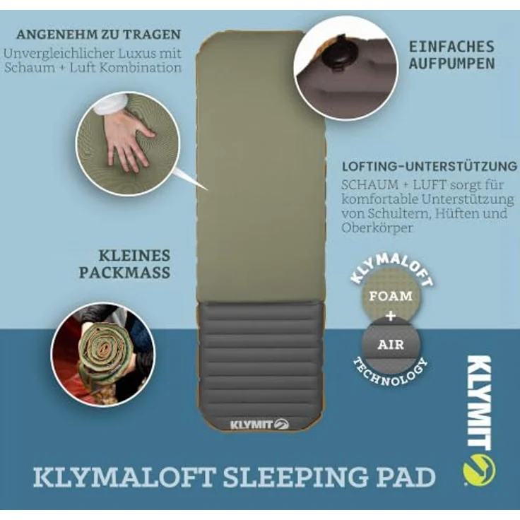 Klymit Klymaloft Schlafmatte, Schaumstoff-Isomatte mit I-Träger-Luftkammern, 60 mm Dicke, 183 cm lang, 1089 g, 75D Polyester – Bild 2