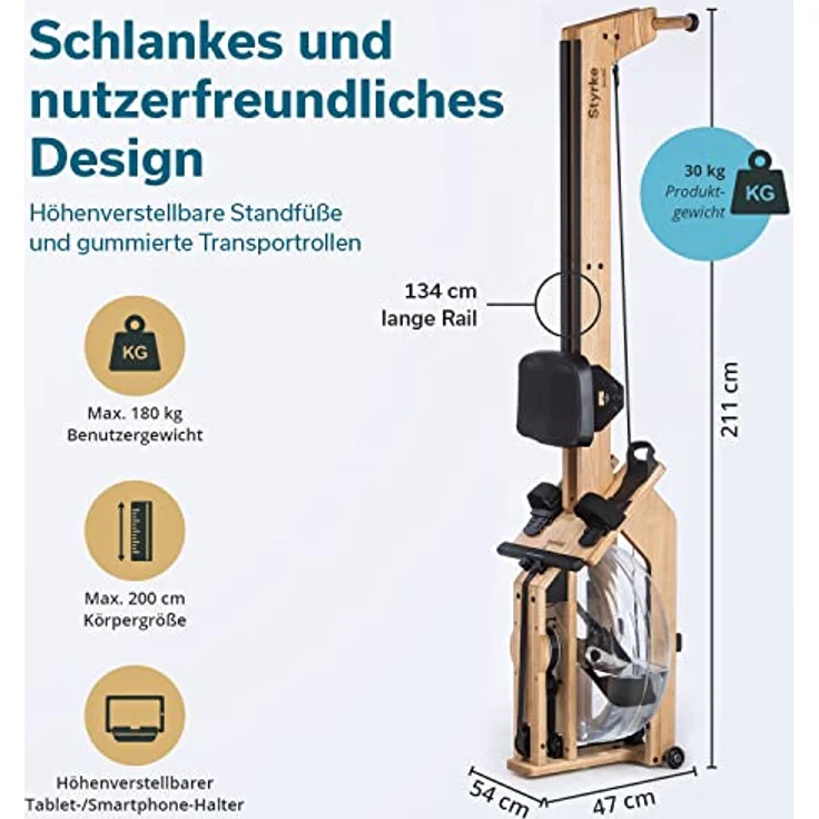 Skandika Wasserrudergerät Styrke | Designed and Made in Germany, Rudergerät Wasser aus Holz, Kinomap App-Funktion, Wasserrudergerät für Zuhause, Massive Esche, naturnahes Rudern – Bild 5