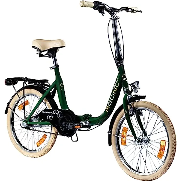 agon® Faltrad Cruiser, 3 Gang Nabenschaltung, 20 Zoll Klapprad mit Gepäckträger und StVZO-konformer Beleuchtung, rot/grün/schwarz/weiß