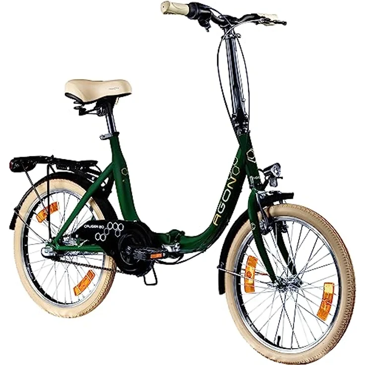 agon® Faltrad Cruiser, 3 Gang Nabenschaltung, 20 Zoll Klapprad mit Gepäckträger und StVZO-konformer Beleuchtung, rot/grün/schwarz/weiß – Bild 1