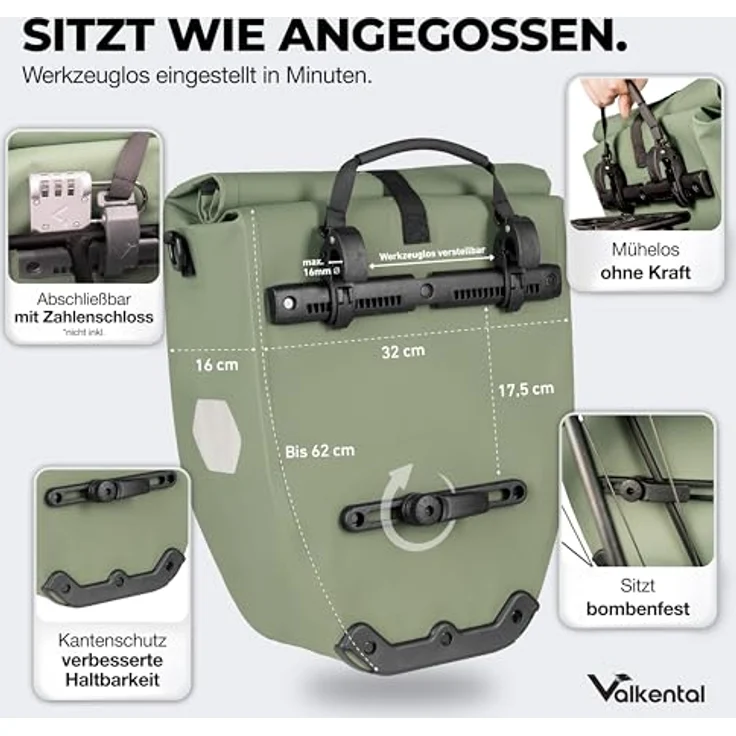 Valkental Gepäckträgertasche ValkBasic, wasserdicht, 28L Füllvolumen, Natur Grün mit Reflektoren – Bild 2