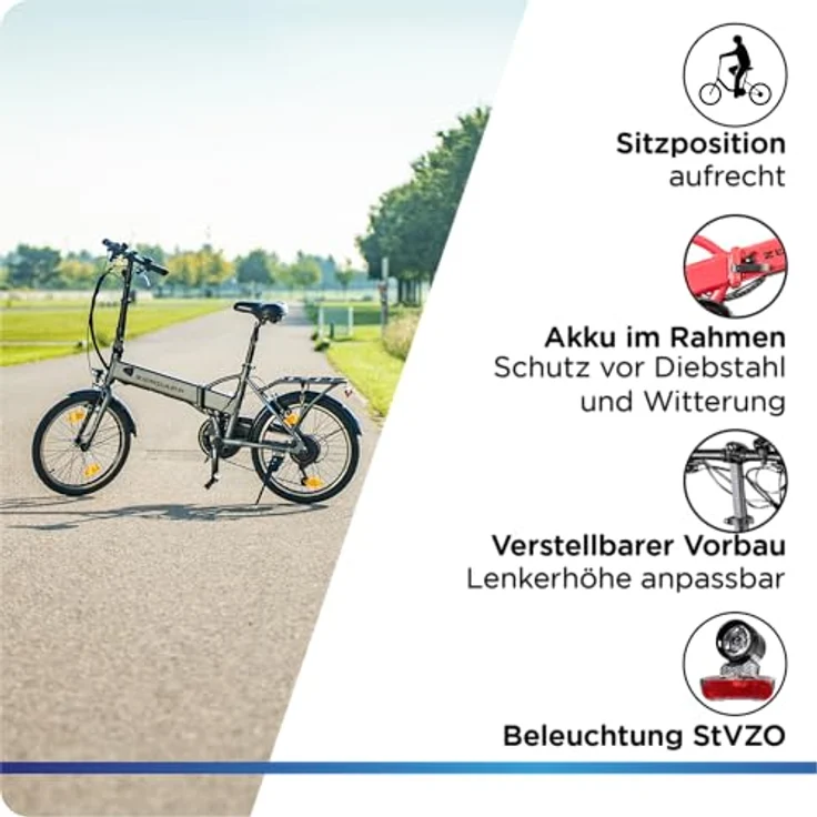 ZÜNDAPP Z101 20 Zoll E Bike Faltrad Damen Herren Elektrofahrrad klappbar, 6 Gänge, LED Licht, schwarz – Bild 5