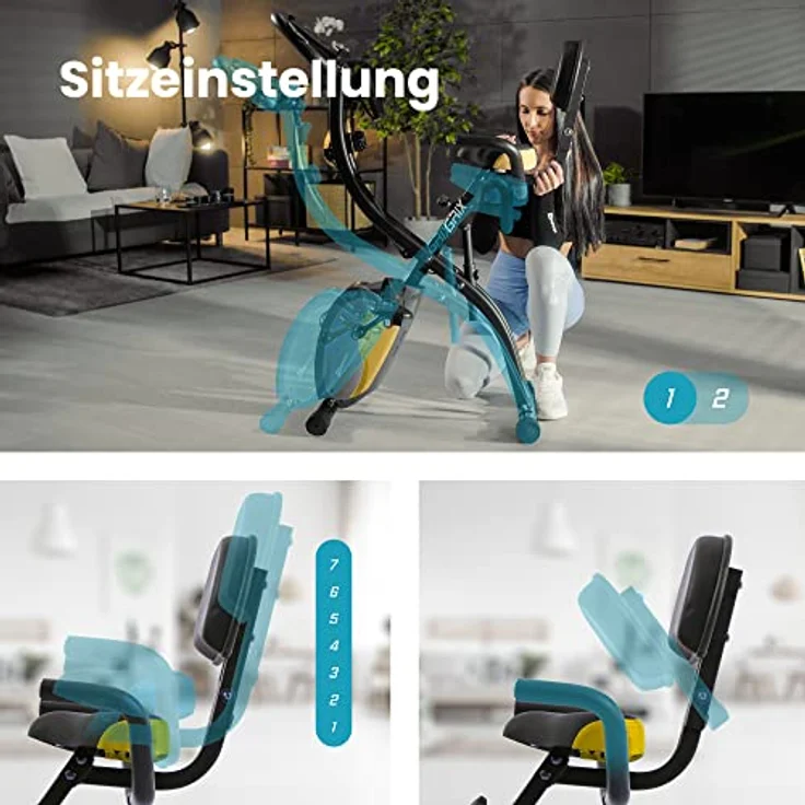 HS HOP-SPORT 3-in-1 Fitness Heimtrainer klappbar HS-3010x Grix - Fitnessfahrrad mit Rückenlehne, Widerstandsbändern, LCD-Display (Grau/Gelb) – Bild 4