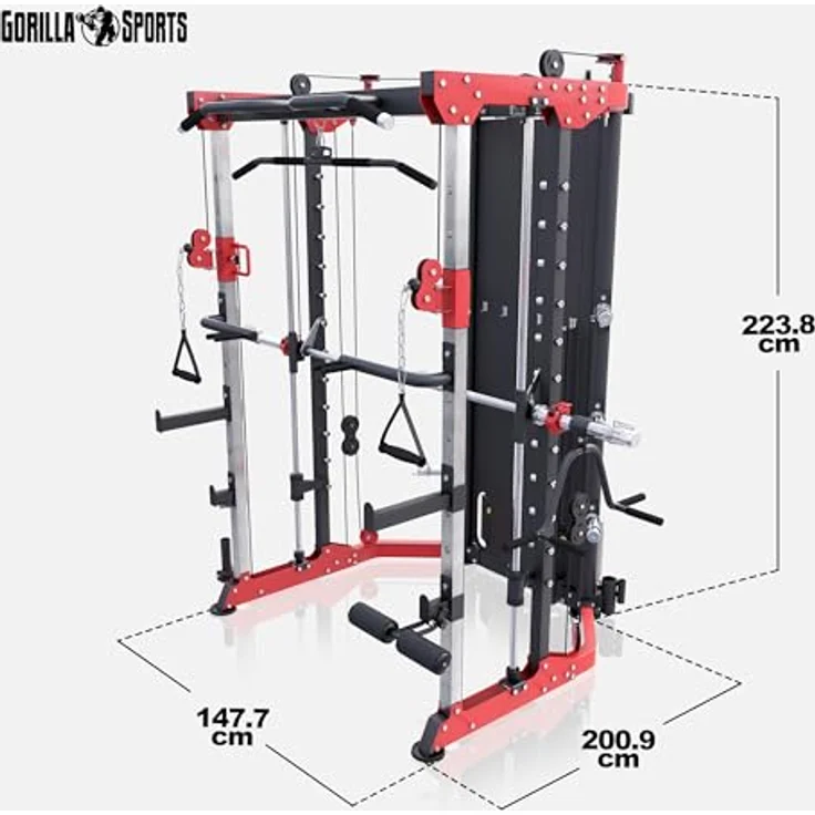 GORILLA SPORTS® Power Rack - inkl. Olympia Langhantel, Dip-Station, Kabelzug, Klimmzugstange, Beincurler - Power Cage, Kraftstation, Multipresse, Multistation, Fitness, Krafttraining, Gym, Zuhause - schwarz – Bild 4