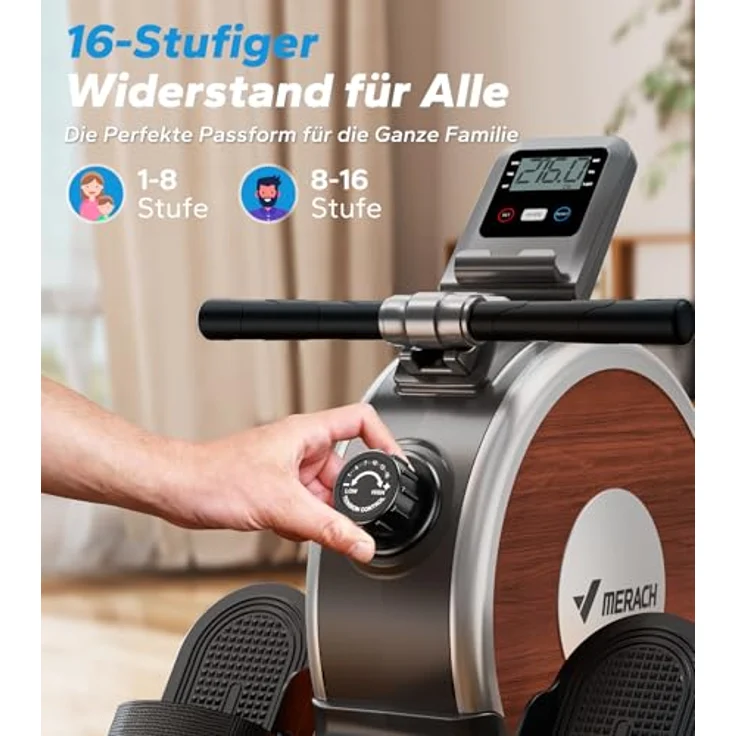 MERACH Rudergerät für Zuhause, Magnetisches Bluetooth Rudergeräte mit 16 Widerstandsstufen, Upgrade auf Doppel-Slide-Rails, Maximale Belastbarkeit von 160 KG, Vertikale Aufbewahrung, Platzersparnis – Bild 5