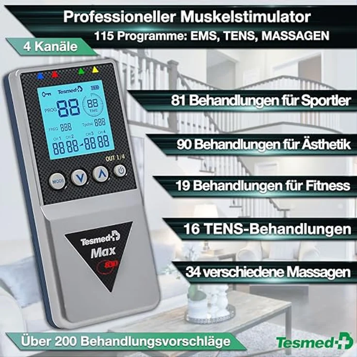 TESMED Max 830, Professionelles TENS/EMS/Massagegerät mit 4 Kanälen, 115 Programmen, 20 anpassbaren Programmen, wiederaufladbar, inkl. 20 Elektroden – Bild 2