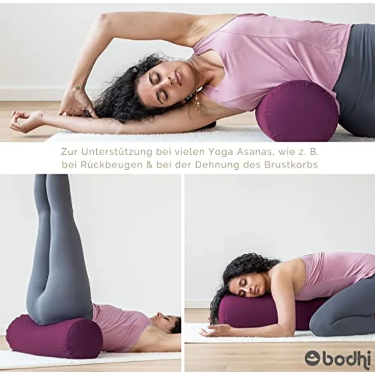 Bodhi Yoga Bolster Rolle Ø 22 cm | Yogarolle mit Bio-Dinkelfüllung | Yogakissen für Restorative & Yin Yoga | Waschbarer Bezug aus Baumwolle | Pilates Kissen mit Trageschlaufe (aubergine) – Bild 5