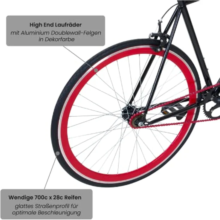 Galano Blade 28 Zoll Fixie Singlespeed Bike, Rennrad für Damen und Herren, schwarz/rot - Preisvergleich – Bild 5