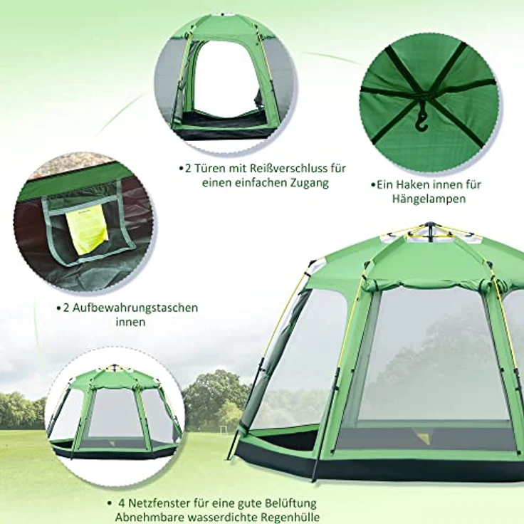 Outsunny Camping Zelt 6 Personen Kuppelzelt, wasserdicht mit schnellem Auf- und Abbau, grün, 320 x 320 x 180 cm – Bild 5
