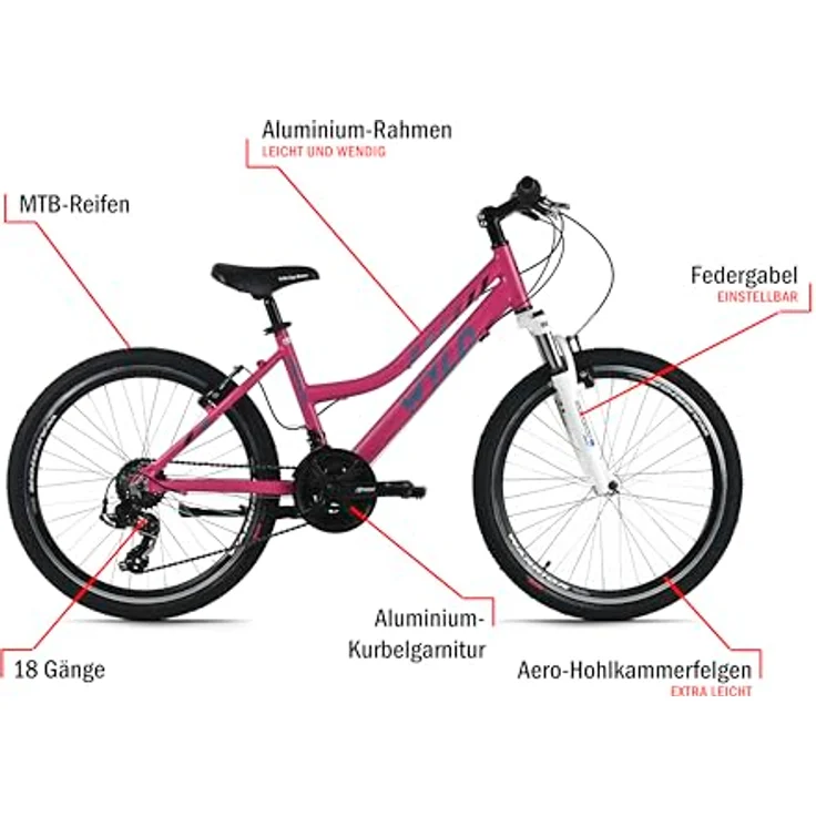 Dacapo WYLD 24" Kinderfahrrad MISTRAL, Aluminiumrahmen, 18-Gang SHIMANO Schaltung, einstellbare Federgabel, V-Brakes, für Körpergröße 130-150 cm – Bild 4