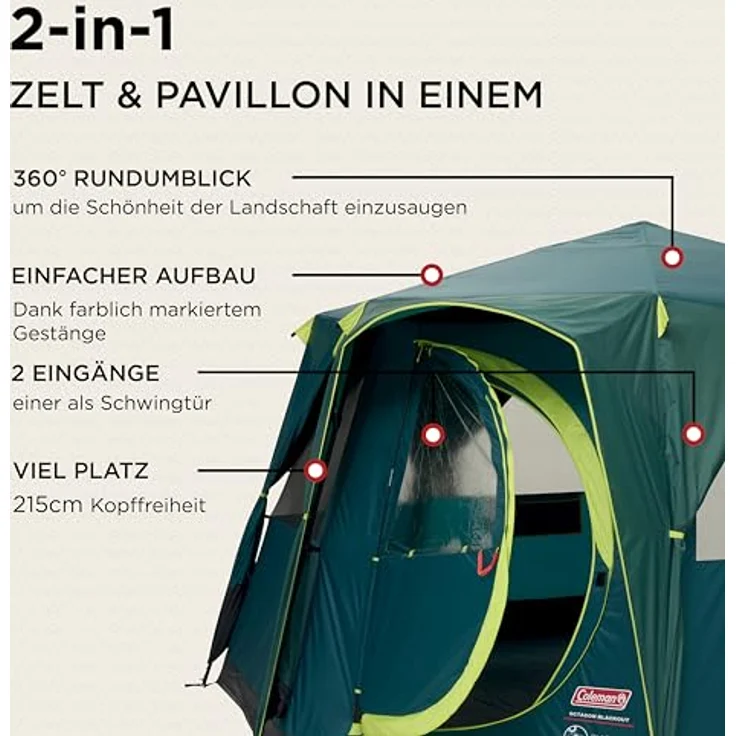 Coleman Zelt Octagon Blackout, 8 Mann Zelt, Familienzelt 8 Personen, Festivalzelt, Luxus Zelt, Steilwandzelt Hauszelt, 2 Türen, 7 Fenster, wasserdicht WS 2.000 mm – Bild 2