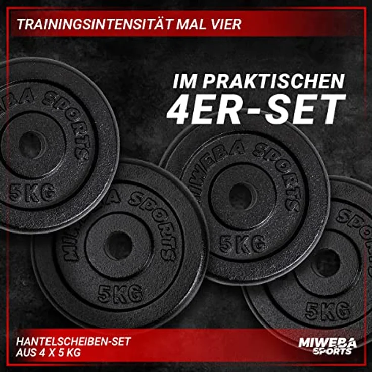 Miweba Sports Hantelscheiben Set HSG75 | 𝐏𝐫𝐨𝐟𝐢 Hanteln - Hantelscheibe - Hantel Scheiben - Gusseisen Gewichte - Ø 30/31 mm - Hantelset - Gewichtsscheiben - Hantelgewicht - Plates (4X 5.0 Kg) – Bild 5