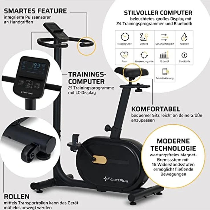 SportPlus Design Heimtrainer Fahrrad, Fitnessbike mit Magnetbreme & integrierte Herzfrequenz-Messung & Watt-Anzeige, 16 Widerstandsstufen, 21 Trainingsprogramme, bis 120kg – Bild 4