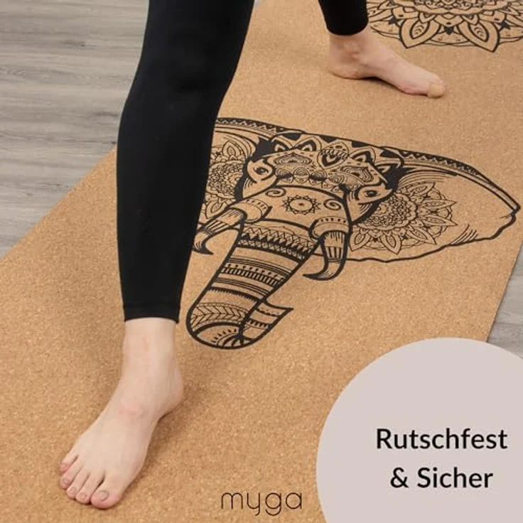 Myga XL Kork Yogamatte, 200 cm x 70 cm, rutschfest, wärmeregulierend, leicht tragbar, 6 mm dick, Elefanten Design, Naturkork – Bild 4