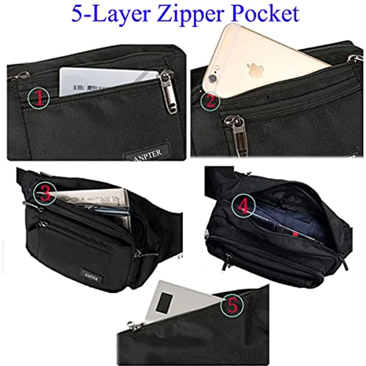 ANPTER Gürteltasche Bauchtasche Hüfttasche mit 5 Reißverschlusstaschen, verstellbarer Gurt, schwarz, Ideal für Outdoor Aktivitäten und Sport – Bild 5